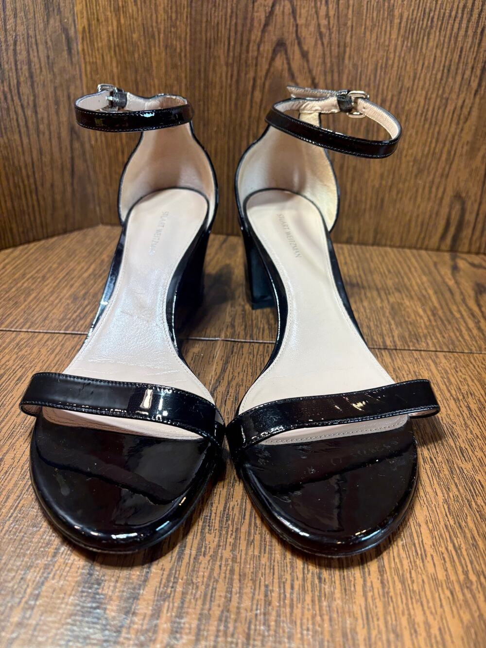 Stuart Weitzman Nearlynude Block-Heel Patent Leather Sandals in Black Size  11